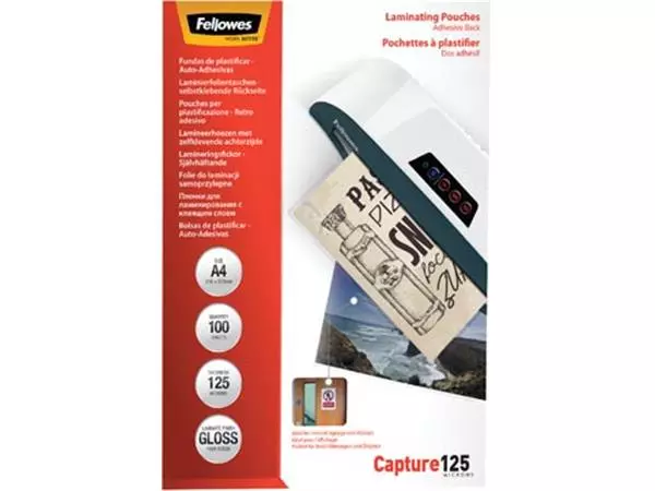 Een Fellowes lamineerhoes Capture125 ft A4, 250 micron (2 x 125 micron), pak van 100 stuks, zelfklevend koop je bij ShopXPress