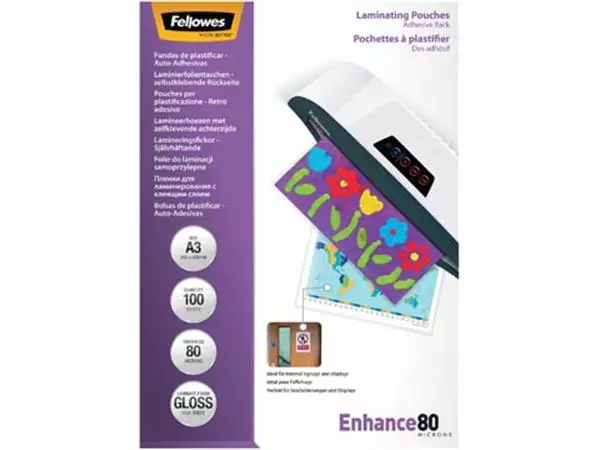 Een Fellowes lamineerhoes Enhance80 zelfklevend ft A3, 160 micron (2 x 80 micron), pak van 100 stuks koop je bij ShopXPress