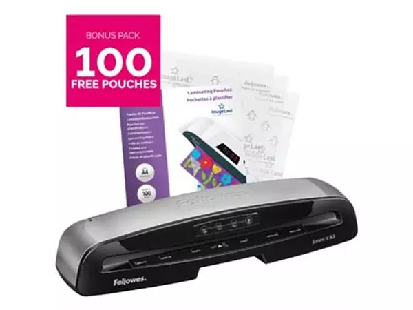 Een Fellowes lamineermachine Saturn voor ft A3 + Bonus Pack van 100 lamineerhoezen (A4, 80 micron) koop je bij ShopXPress