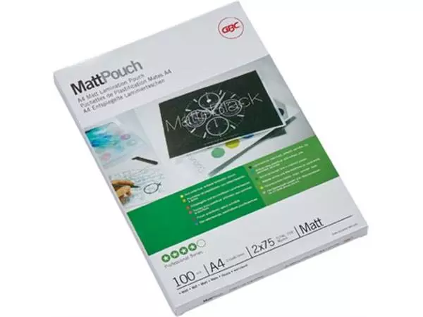 Een GBC Matt lamineerhoes ft A4, 150 micron (2 x 75 micron), mat/glanzend, pak van 100 stuks koop je bij ShopXPress