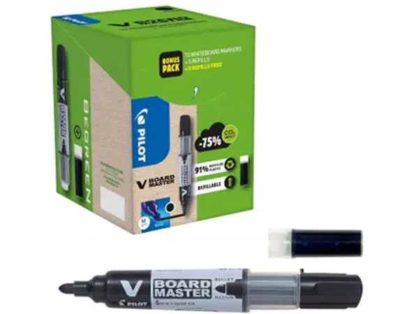 Een Pilot V-Board Master BeGreen whiteboardmarker, ronde punt, 2,3 mm, 10 stuks + 10 vullingen, zwart koop je bij ShopXPress