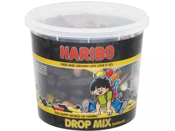 Een Haribo snoepgoed, emmer van 650 g, dropmix gekleurd koop je bij ShopXPress