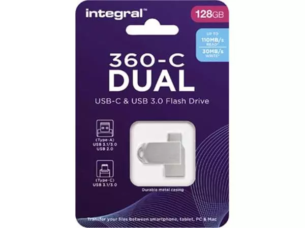 Een Integral 360-C Dual USB-C & USB 3.0 stick, 128 GB koop je bij ShopXPress