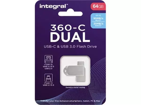 Een Integral 360-C Dual USB-C & USB 3.0 stick, 64 GB koop je bij ShopXPress