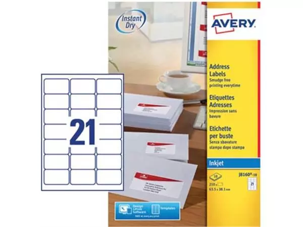 Een Avery J8160-10 adresetiketten ft 63,5 x 38,1 mm (b x h), 210 etiketten, wit koop je bij ShopXPress