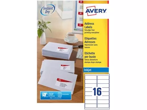 Een Avery witte etiketten QuickDry ft 99,1 x 33,9 mm (b x h), 1.600 stuks, 16 per blad koop je bij ShopXPress
