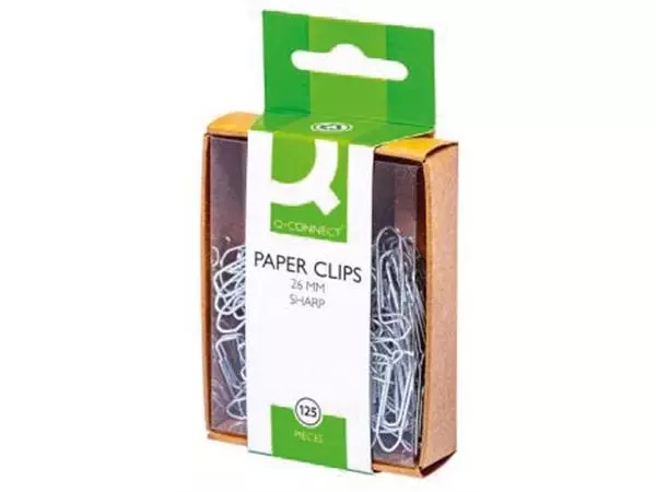 Een Q-CONNECT papierklemmen, 26 mm, doos van 125 stuks, ophangbaar koop je bij ShopXPress