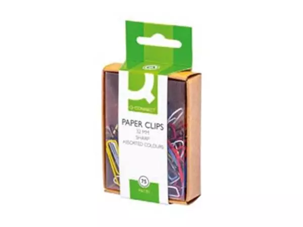 Een Q-CONNECT papierklemmen, 32 mm, doos van 75 stuks, ophangbaar, geassorteerde kleuren. koop je bij ShopXPress