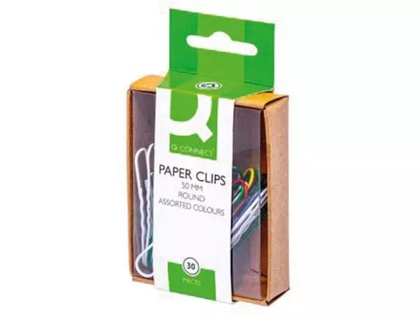 Een Q-CONNECT papierklemmen, 50 mm, gekleurd, doos van 30 stuks, ophangbaar koop je bij ShopXPress