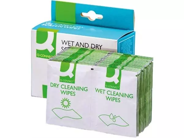 Een Q-CONNECT Wet & Dry beeldschermreinigingsdoekjes, doos van 20 paar (1 Wet en 1 Dry) koop je bij Supplierz BV