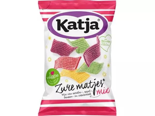 Een Katja Zure Matjes snoep, mix van aardbei-, appel-, banaan- en cassissmaak, zak van 250 g koop je bij ShopXPress