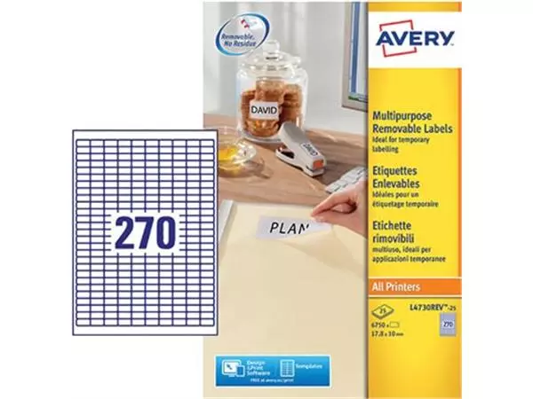 Buy your Avery L4730REV-25 afneembare etiketten ft 17,8 x 10 mm (b x h), 6.750 etiketten, wit at Supplierz BV