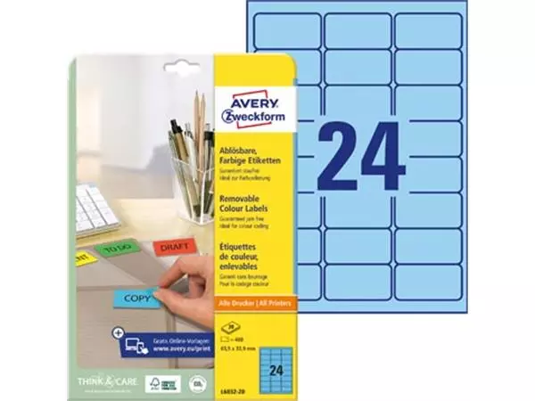 Een Avery afneembare gekleurde etiketten ft 63,5 x 33,9 mm (b x h), 480 stuks, 24 per blad, blauw koop je bij ShopXPress