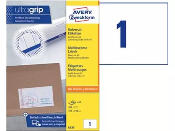 Een Avery universele A5 etiketten Ft 210 x 148 mm (b x h), wit, doos van 200 etiketten koop je bij ShopXPress