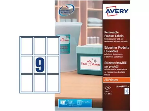 Een Avery Afneembare productetiketten ft 62 x 89 mm (b x h), 180 stuks, 9 per blad, doos van 20 blad koop je bij Supplierz BV