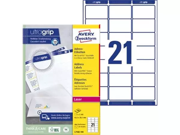 Een Avery L7160, Adresetiketten, Laser, Ultragrip, wit, 100 vellen, 21 per vel, 63,5 x 38,1 mm koop je bij Supplierz BV