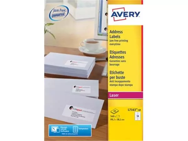 Een Avery L7163, Adresetiketten, Laser, Ultragrip, wit, 40 vellen, 14 per vel, 99,1 x 38,1 mm koop je bij Supplierz BV