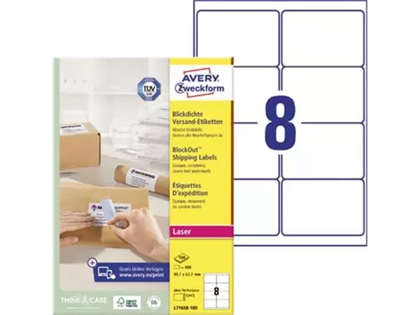 Een Avery L7165B-100 BlockOut zelfklevende etiketten QuickPeel, ft 99,1 x 67,7 mm (b x h), 800 etiketten koop je bij ShopXPress