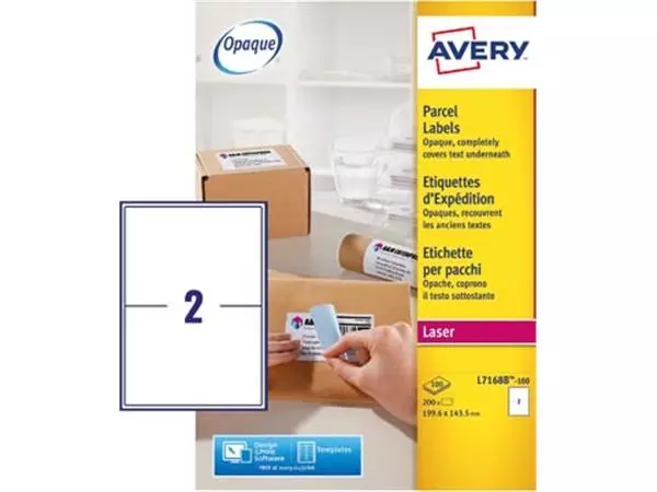 Een Avery L7168B-100 BlockOut zelfklevende etiketten QuickPeel, ft 199,6 x 143,5 mm (b x h), 200 etiketten koop je bij ShopXPress