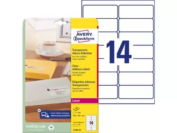 Een Avery transparante etiketten QuickPEEL ft 99,1 x 38,1 mm (b x h), 350 stuks, 14 per blad koop je bij ShopXPress