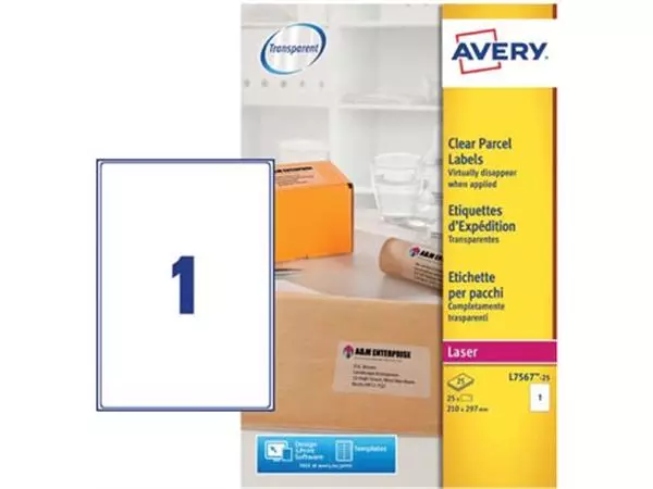 Een Avery L7567-25 verzendetiketten ft 210 x 297 mm (b x h), 25 etiketten, transparant koop je bij ShopXPress