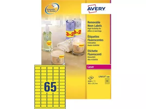 Een Avery afneembare neon etiketten ft 38,1 x 21,2 mm (b x h), doos van 100 blad, 6500 stuks, neongeel koop je bij Supplierz BV