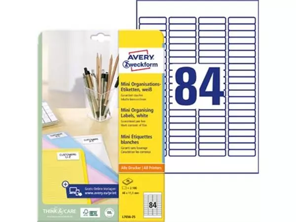 Een Avery mini-etiketten ft 46 x 11,1 mm (b x h), 2.100 stuks, 84 per blad, doos van 25 blad koop je bij ShopXPress
