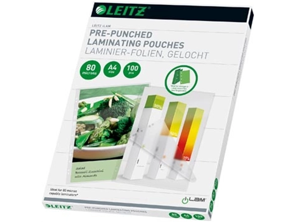 Een Leitz iLAM lamineerhoes ft A4, 160 micron (2 x 80 micron), geperforeerd, pak van 100 stuks koop je bij ShopXPress