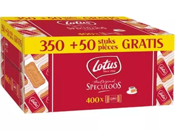 Een Lotus Biscoff speculoos, doos van 350+50 individueel verpakte stuks koop je bij ShopXPress
