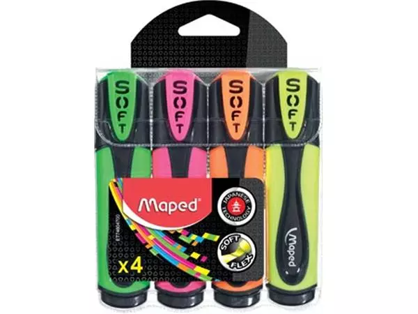 Een Maped Fluo'Peps markeerstift Soft, blister met 4 stuks in geassorteerde kleuren koop je bij ShopXPress