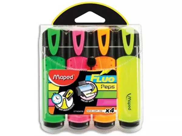 Een Maped markeerstift Fluo'Peps Classic etui van 4 stuks: geel, oranje, roze en groen koop je bij ShopXPress