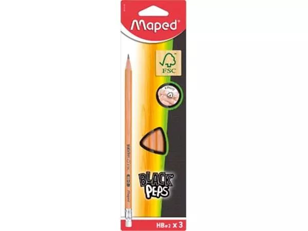 Een Maped potlood Black'Peps HB, met gum, kartonnen ophangetui met 3 stuks koop je bij ShopXPress