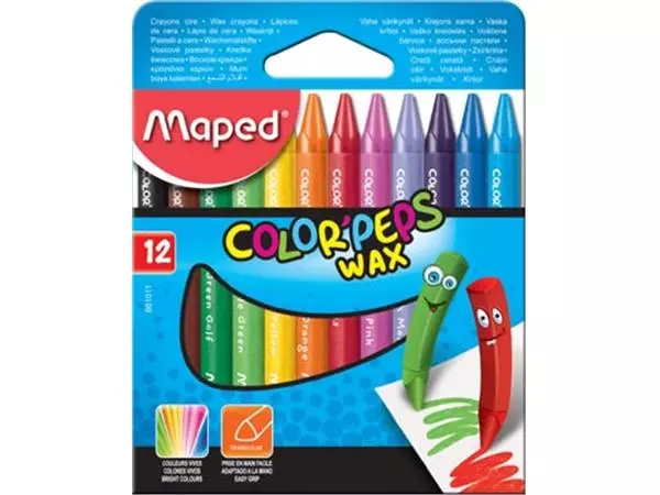 Een Maped waskrijt Color'Peps Wax, doos van 12 stuks in geassorteerde kleuren koop je bij ShopXPress