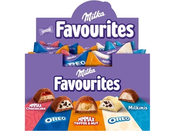 Een Milka Favourites chocolade, doos van 106 stuks (1 kg) koop je bij ShopXPress