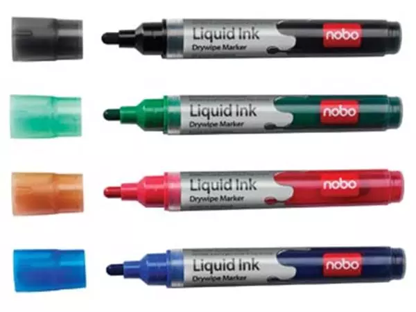 Een Nobo Witbordstift Geassorteerde kleuren: zwart, groen, rood en blauw, blister van 4 stuks koop je bij ShopXPress
