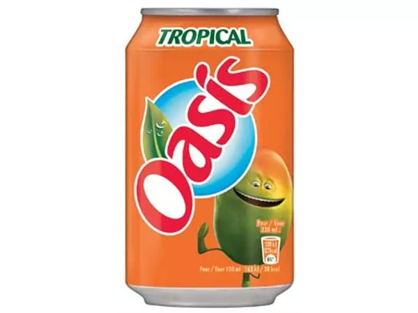 Een Oasis Tropical vruchtenlimonade, blik van 33 cl, pak van 24 stuks koop je bij ShopXPress