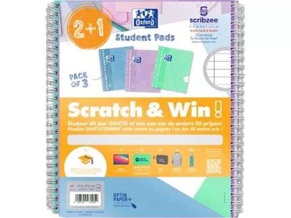 Een Oxford School collegeblok, ft A5+, gelijnd, 17-gaats, 80 vel, pastel assorti, 2+1 gratis, Scratch & Win koop je bij ShopXPress