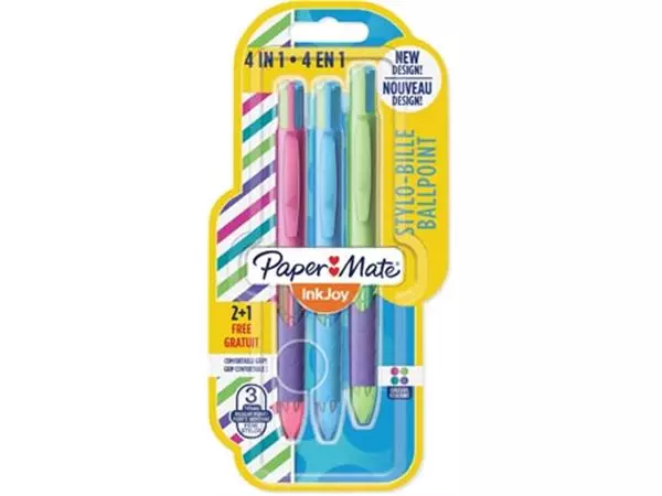 Een Paper Mate Inkjoy Quatro Joie de Vivre 4-kleurenbalpen, medium, klassieke inktkleuren, blister 2 + 1 grat koop je bij ShopXPress