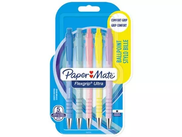 Een Paper Mate balpen Flexgrip Pastel RT, medium, blauwe inkt, blister van 5 stuks, assorti koop je bij ShopXPress