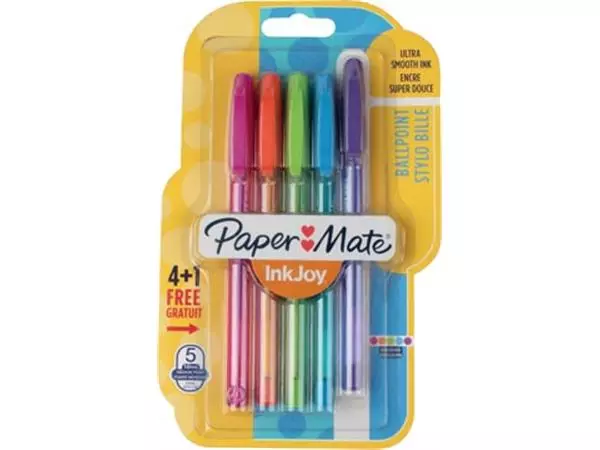 Een Paper Mate balpen InkJoy 100 met dop, blister met 4 stuks in geassorteerde fun kleuren koop je bij ShopXPress