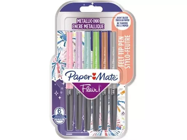 Een Paper Mate fineliner Flair, blister van 6 stuks in geassorteerde metallic kleuren koop je bij ShopXPress