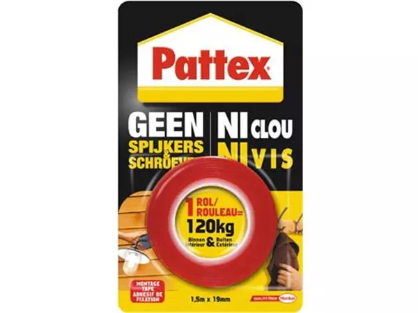 Een Pattex montagetape Geen Spijkers & Schroeven, ft 1,5 m x 19 mm, draagt tot 120 kg, blisterverpakking koop je bij ShopXPress