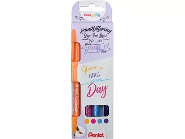 Een Pentel brushpen Sign Pen Brush Touch, kartonnen etui met 4 stuks: oranje, roze, turkoois en paars koop je bij ShopXPress