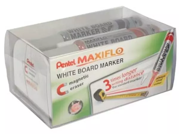 Een Pentel whiteboardmarker Maxiflo set van 4 stuks: blauw, rood, groen en zwart + magnetische bordwisser koop je bij ShopXPress