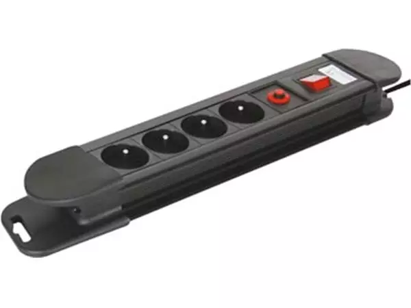 Een Perel contactdoos met 4 stopcontacten, schakelaar en overspanningsbeveiliging, zwart, voor België koop je bij ShopXPress