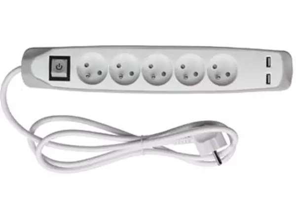 Een Perel contactdoos met 5 stopcontacten, 2 USB en schakelaar, 1,5 m, wit/grijs, voor NL koop je bij ShopXPress