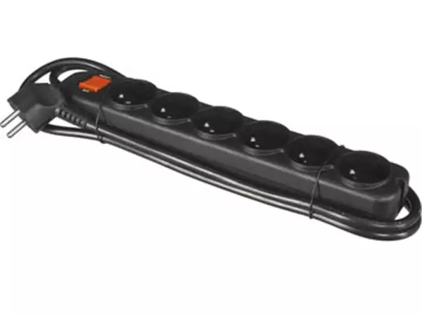 Een Perel contactdoos met 6 stopcontacten, schakelaar en overspanningsbeveiliging, zwart, voor België koop je bij ShopXPress