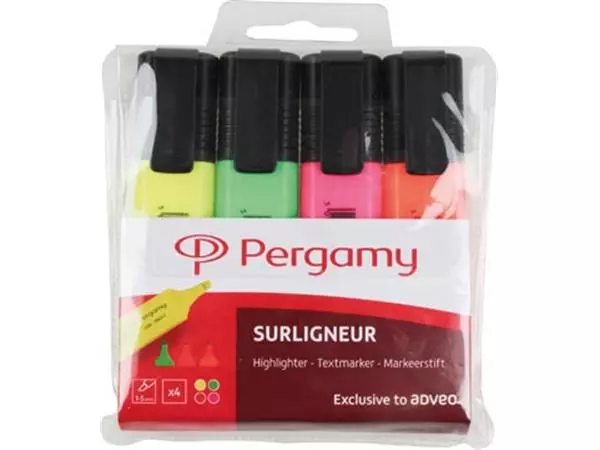 Een Pergamy markeerstift, etui van 4 stuks: oranje, groen, roze en geel koop je bij ShopXPress