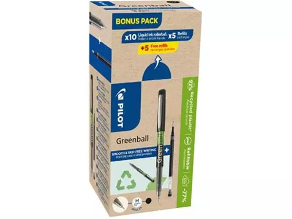 Een Pilot Greenball roller, medium punt, 10 rollers + 10 vullingen, medium, zwart koop je bij ShopXPress