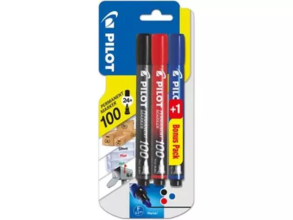 Een Pilot permanent marker 100, blister met 3 stuks (2 + 1 GRATIS) in geassorteerde kleuren koop je bij ShopXPress